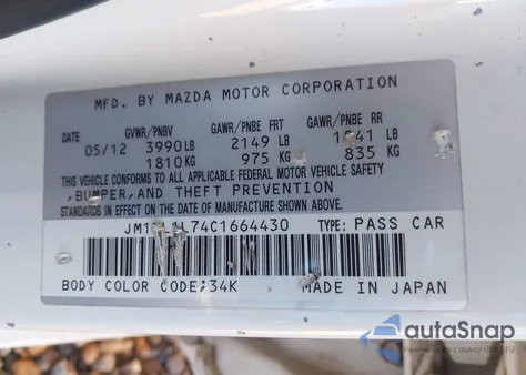 2012 Mazda Mazda3 I Touring z USA, uszkodzony, nr VIN JM1BL1L74C1664430